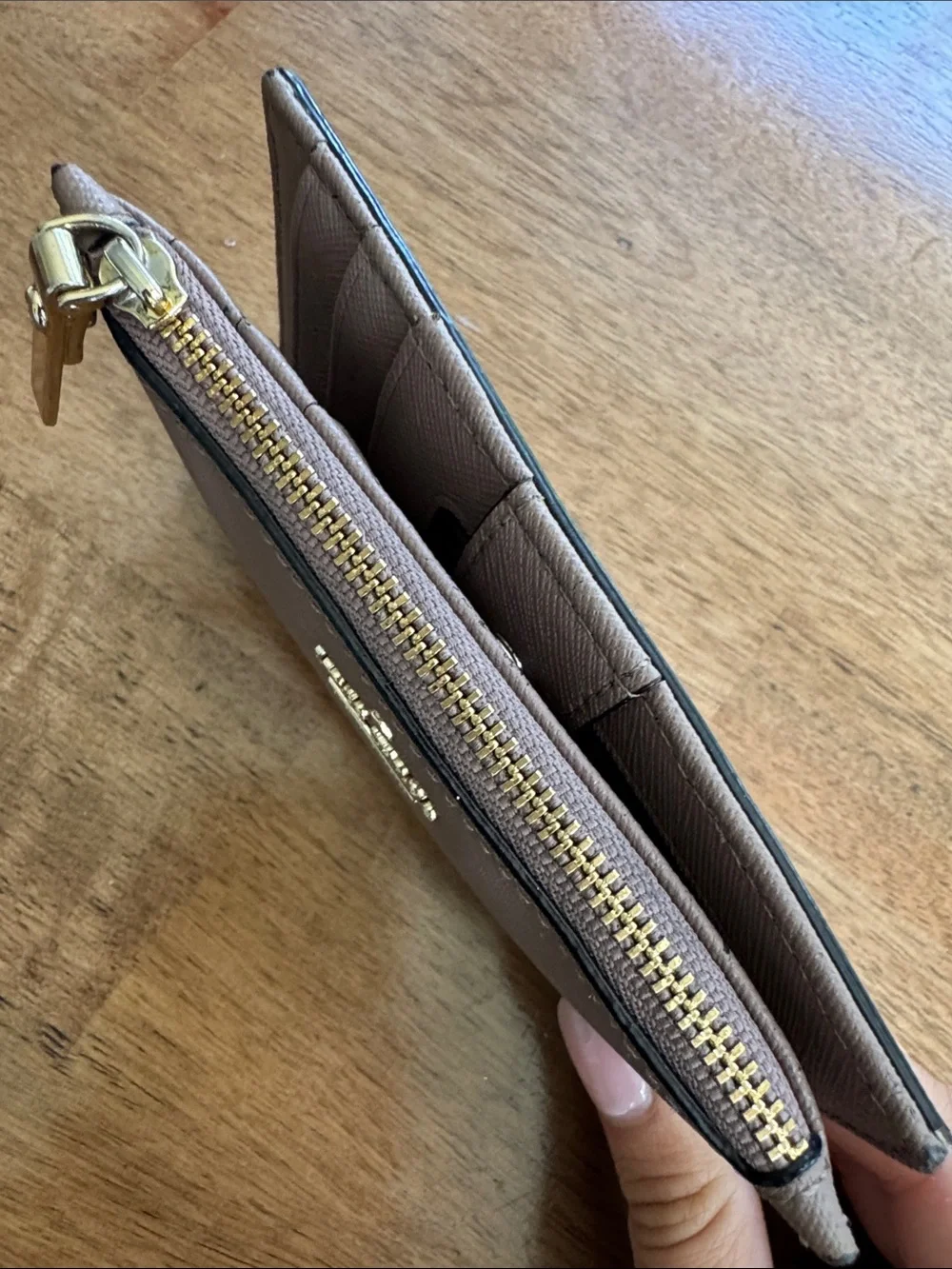 kate spade taupe brown zip card holder with gold hardware